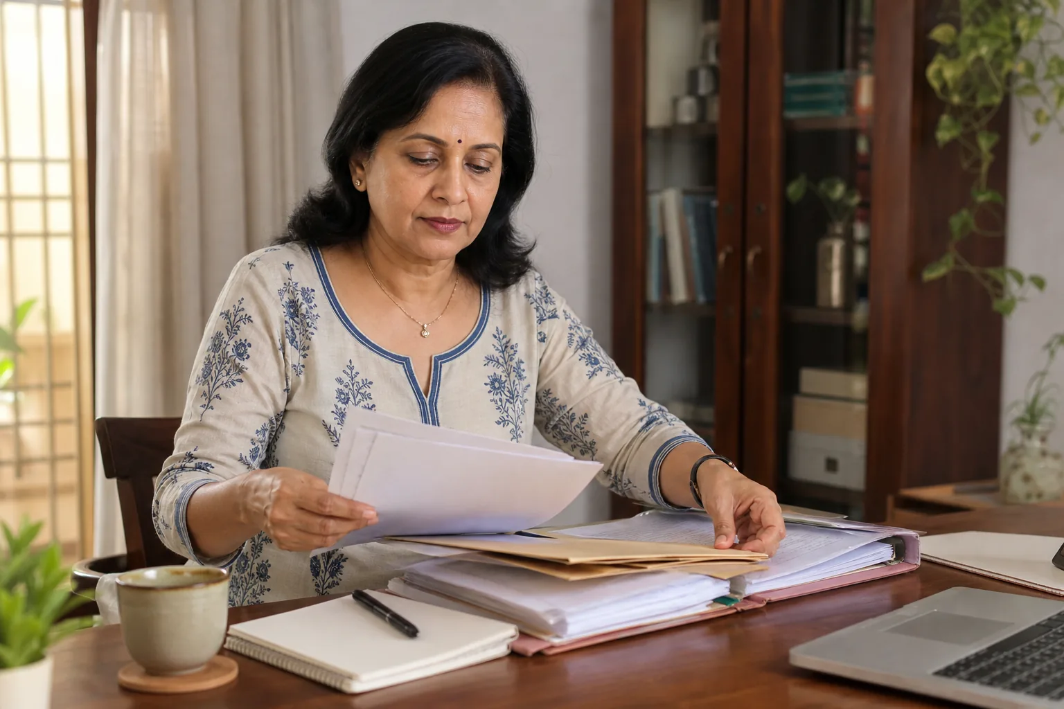 Indian woman reviewing practical planning notes