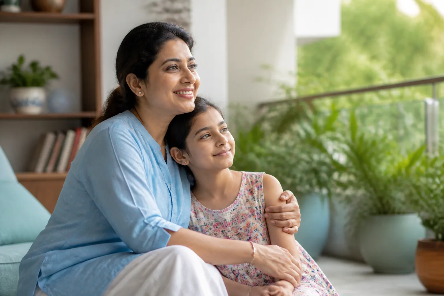 Indian mother and child sharing a hopeful future moment